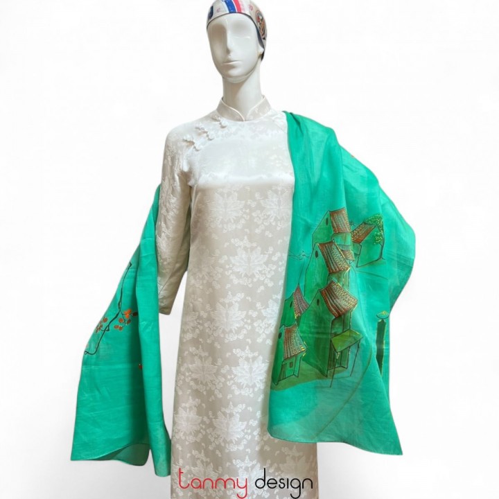 Grass green ramie scarf hand-painted with Old Quarter 70*190cm